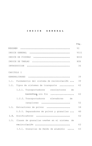 I N D I C E     G E N E R A L




                                                                PBg.

RESUMEN      .........................................          VI

INDICE GENERAL     ..................................           VIII

INDICE D E   FIGURAS ...............................            XI11

INDICE DE TABLAS      ................................          XIX

INTRODUCCION      ....................................           36


CAPITULO I

GENERALIDADES      ...................................           39

1.1.   Fundamentos del sistema de recirculaci6n       ...        39

1.2.   Tipos de sistemas de transporte        ...........        42

       1.2.1. Transportadores         recolectores         de

                 tornillo7 sin fin    ..................         42

       1.2.2. Transportadores         elevadores          de

                 cangilones  .........................           52

1.3.   Extractores de    polvos   .....................          58

       1.3.1. Separadores de polvos y granallas           ...    60

1.4.   Dosificadores      .............................          62

1.5.   Clases de granallas usadas en el sistema            de

       recirculaci6n    ..............................           62

       1.5.1.    Granallas de 6xido de aluminio . . . . .        63
 