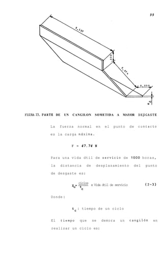 99




FIGURA23.PARTE DE    UN   CANGILON            SOMETIDA      A    MAYOR    DESGASTE


            La   fuerza        normal         en    el   punto       de   contact0

            es la carga mdxima.


                          F = 47.74 N


            Para u n a v i d a dtil de servicio de 1 0 0 0 h o r a s ,

            la      distancia           de    desplazamiento          del    punto

            de desgaste es:


                          x=-ciclos      x Vida dtil de servicio
                                   tc

            Donde :


                               :   tiempo de u n ciclo
                          tc

            El      tiempo         que       se    demora       un   cangil6n    en

            realizar u n ciclo es:
 