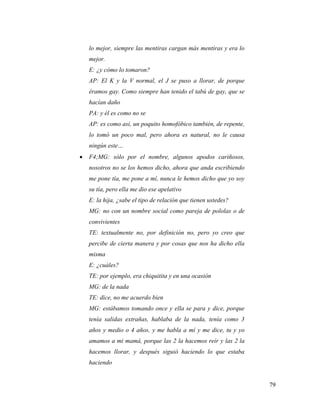 79
lo mejor, siempre las mentiras cargan más mentiras y era lo
mejor.
E: ¿y cómo lo tomaron?
AP: El K y la V normal, el J se puso a llorar, de porque
éramos gay. Como siempre han tenido el tabú de gay, que se
hacían daño
PA: y él es como no se
AP: es como así, un poquito homofóbico también, de repente,
lo tomó un poco mal, pero ahora es natural, no le causa
ningún este…
 F4;MG: sólo por el nombre, algunos apodos cariñosos,
nosotros no se los hemos dicho, ahora que anda escribiendo
me pone tía, me pone a mí, nunca le hemos dicho que yo soy
su tía, pero ella me dio ese apelativo
E: la hija, ¿sabe el tipo de relación que tienen ustedes?
MG: no con un nombre social como pareja de pololas o de
convivientes
TE: textualmente no, por definición no, pero yo creo que
percibe de cierta manera y por cosas que nos ha dicho ella
misma
E: ¿cuáles?
TE: por ejemplo, era chiquitita y en una ocasión
MG: de la nada
TE: dice, no me acuerdo bien
MG: estábamos tomando once y ella se para y dice, porque
tenía salidas extrañas, hablaba de la nada, tenía como 3
años y medio o 4 años, y me habla a mí y me dice, tu y yo
amamos a mi mamá, porque las 2 la hacemos reír y las 2 la
hacemos llorar, y después siguió haciendo lo que estaba
haciendo
 