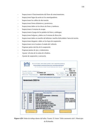 116
- Inspeccionar el funcionamiento del freno de estacionamiento.
- Inspeccionar fugas de aceite en los amortiguadores.
- Inspeccionar los cables de alta tensión.
- Inspeccionar frenos delanteros y posteriores.
- Inspeccionar daños en los discos de freno y tambores.
- Inspeccionar el sistema de escape.
- Inspeccionar el juego de los pedales de freno y embrague.
- Inspeccionar holguras y daños en el sistema de dirección.
- Inspeccionar daños en muelles de ballestas/ muelles helicoidales/ barra de torsión.
- Inspeccionar desgaste o daño en los bujes de suspensión.
- Inspeccionar con el escáner el estado del vehículo.
- Engrasar partes móviles de la suspensión.
- Engrasar puntas de ejes y rodamientos.
- Ajustar válvulas de la culata de cilindros.
- Ajustar de suspensión y carrocería.
Figura 4.28. Orden de trabajo dentro del taller; Fuente: El Autor/ Taller automotriz del I. Municipio
de Riobamba.
 