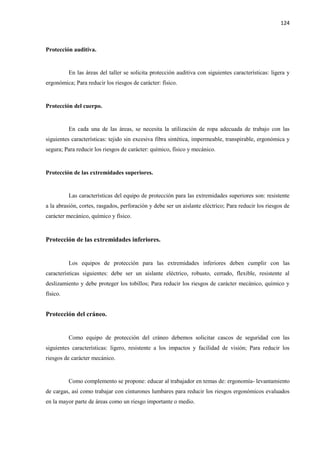 124
Protección auditiva.
En las áreas del taller se solicita protección auditiva con siguientes características: ligera y
ergonómica; Para reducir los riesgos de carácter: físico.
Protección del cuerpo.
En cada una de las áreas, se necesita la utilización de ropa adecuada de trabajo con las
siguientes características: tejido sin excesiva fibra sintética, impermeable, transpirable, ergonómica y
segura; Para reducir los riesgos de carácter: químico, físico y mecánico.
Protección de las extremidades superiores.
Las características del equipo de protección para las extremidades superiores son: resistente
a la abrasión, cortes, rasgados, perforación y debe ser un aislante eléctrico; Para reducir los riesgos de
carácter mecánico, químico y físico.
Protección de las extremidades inferiores.
Los equipos de protección para las extremidades inferiores deben cumplir con las
características siguientes: debe ser un aislante eléctrico, robusto, cerrado, flexible, resistente al
deslizamiento y debe proteger los tobillos; Para reducir los riesgos de carácter mecánico, químico y
físico.
Protección del cráneo.
Como equipo de protección del cráneo debemos solicitar cascos de seguridad con las
siguientes características: ligero, resistente a los impactos y facilidad de visión; Para reducir los
riesgos de carácter mecánico.
Como complemento se propone: educar al trabajador en temas de: ergonomía- levantamiento
de cargas, así como trabajar con cinturones lumbares para reducir los riesgos ergonómicos evaluados
en la mayor parte de áreas como un riesgo importante o medio.
 