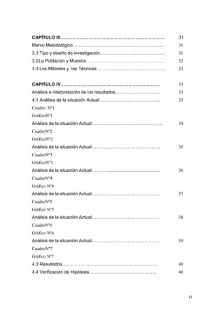 xi 
CAPÍTULO III…………………………………………………………… 31 
Marco Metodológico……………………………………………………. 31 
3.1 Tipo y diseño de investigación……………………………………. 31 
3.2 La Población y Muestra……………………………………………. 32 
3.3 Los Métodos y las Técnicas………………………………………. 32 
CAPITULO IV………………………………………………………… 33 
Análisis e interpretación de los resultados………………………… 33 
4.1 Análisis de la situación Actual………………………………….. 33 
Cuadro Nº1 
GráficoNº1 
Análisis de la situación Actual……………………………………….. 34 
CuadroNº2 
GráficoNº2 
Análisis de la situación Actual………………………………………. 35 
CuadroNº3 
GráficoNº3 
Análisis de la situación Actual…………........................................ 36 
CuadroNº4 
Gráfico Nº4 
Análisis de la situación Actual……………………………………… 37 
CuadroNº5 
Gráfico Nº5 
Análisis de la situación Actual……………………………………… 38 
CuadroNº6 
Gráfico Nº6 
Análisis de la situación Actual……………………………………… 39 
CuadroNº7 
Gráfico Nº7 
4.3 Resultados……………………………………………………… 40 
4.4 Verificación de Hipótesis……………………………………… 40 
 