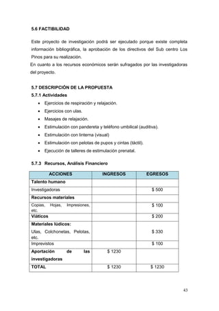43 
5.6 FACTIBILIDAD 
Este proyecto de investigación podrá ser ejecutado porque existe completa información bibliográfica, la aprobación de los directivos del Sub centro Los Pinos para su realización. 
En cuanto a los recursos económicos serán sufragados por las investigadoras del proyecto. 
5.7 DESCRIPCIÓN DE LA PROPUESTA 
5.7.1 Actividades 
 Ejercicios de respiración y relajación. 
 Ejercicios con ulas. 
 Masajes de relajación. 
 Estimulación con pandereta y teléfono umbilical (auditiva). 
 Estimulación con linterna (visual) 
 Estimulación con pelotas de pupos y cintas (táctil). 
 Ejecución de talleres de estimulación prenatal. 
5.7.3 Recursos, Análisis Financiero 
ACCIONES INGRESOS EGRESOS 
Talento humano 
Investigadoras 
$ 500 
Recursos materiales 
Copias, Hojas, Impresiones, etc. 
$ 100 
Viáticos 
$ 200 
Materiales lúdicos: 
Ulas, Colchonetas, Pelotas, etc. 
$ 330 
Imprevistos 
$ 100 
Aportación de las investigadoras 
$ 1230 
TOTAL 
$ 1230 
$ 1230  
