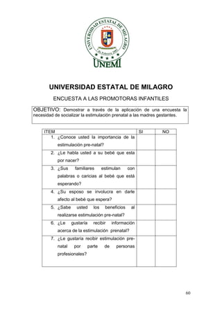 60 
UNIVERSIDAD ESTATAL DE MILAGRO 
ENCUESTA A LAS PROMOTORAS INFANTILES 
OBJETIVO: Demostrar a través de la aplicación de una encuesta la necesidad de socializar la estimulación prenatal a las madres gestantes. 
ITEM 
SI 
NO 
1. ¿Conoce usted la importancia de la estimulación pre-natal? 
2. ¿Le habla usted a su bebé que esta por nacer? 
3. ¿Sus familiares estimulan con palabras o caricias al bebé que está esperando? 
4. ¿Su esposo se involucra en darle afecto al bebé que espera? 
5. ¿Sabe usted los beneficios al realizarse estimulación pre-natal? 
6. ¿Le gustaría recibir información acerca de la estimulación prenatal? 
7. ¿Le gustaría recibir estimulación pre- natal por parte de personas profesionales? 
 