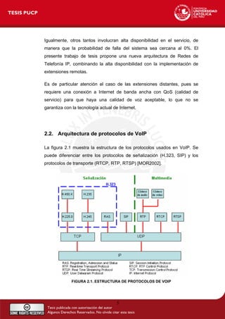 Igualmente, otros tantos involucran alta disponibilidad en el servicio, de
manera que la probabilidad de falla del sistema sea cercana al 0%. El
presente trabajo de tesis propone una nueva arquitectura de Redes de
Telefonía IP, combinando la alta disponibilidad con la implementación de
extensiones remotas.
Es de particular atención el caso de las extensiones distantes, pues se
requiere una conexión a Internet de banda ancha con QoS (calidad de
servicio) para que haya una calidad de voz aceptable, lo que no se
garantiza con la tecnología actual de Internet.
2.2. Arquitectura de protocolos de VoIP
La figura 2.1 muestra la estructura de los protocolos usados en VoIP. Se
puede diferenciar entre los protocolos de señalización (H.323, SIP) y los
protocolos de transporte (RTCP, RTP, RTSP) [MOR2002].
FIGURA 2.1. ESTRUCTURA DE PROTOCOLOS DE VOIP
5
 