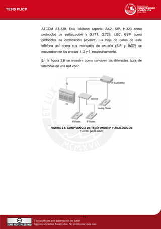 ATCOM AT-320. Este teléfono soporta IAX2, SIP, H.323 como
protocolos de señalización y G.711, G.729, iLBC, GSM como
protocolos de codificación (codecs). La hoja de datos de este
teléfono así como sus manuales de usuario (SIP y IAX2) se
encuentran en los anexos 1, 2 y 3; respectivamente.
En la figura 2.6 se muestra como conviven los diferentes tipos de
teléfonos en una red VoIP.
FIGURA 2.6. CONVIVENCIA DE TELÉFONOS IP Y ANALÓGICOS
Fuente: [WAL2005]
23
 