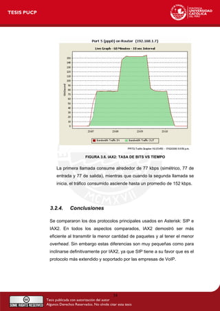 FIGURA 3.6. IAX2: TASA DE BITS VS TIEMPO
La primera llamada consume alrededor de 77 kbps (simétrico, 77 de
entrada y 77 de salida), mientras que cuando la segunda llamada se
inicia, el tráfico consumido asciende hasta un promedio de 152 kbps.
3.2.4. Conclusiones
Se compararon los dos protocolos principales usados en Asterisk: SIP e
IAX2. En todos los aspectos comparados, IAX2 demostró ser más
eficiente al transmitir la menor cantidad de paquetes y al tener el menor
overhead. Sin embargo estas diferencias son muy pequeñas como para
inclinarse definitivamente por IAX2, ya que SIP tiene a su favor que es el
protocolo más extendido y soportado por las empresas de VoIP.
34
 