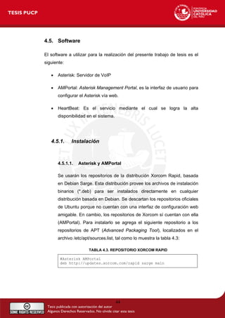 4.5. Software
El software a utilizar para la realización del presente trabajo de tesis es el
siguiente:
• Asterisk: Servidor de VoIP
• AMPortal: Asterisk Management Portal, es la interfaz de usuario para
configurar el Asterisk vía web.
• HeartBeat: Es el servicio mediante el cual se logra la alta
disponibilidad en el sistema.
4.5.1. Instalación
4.5.1.1. Asterisk y AMPortal
Se usarán los repositorios de la distribución Xorcom Rapid, basada
en Debian Sarge. Esta distribución provee los archivos de instalación
binarios (*.deb) para ser instalados directamente en cualquier
distribución basada en Debian. Se descartan los repositorios oficiales
de Ubuntu porque no cuentan con una interfaz de configuración web
amigable. En cambio, los repositorios de Xorcom sí cuentan con ella
(AMPortal). Para instalarlo se agrega el siguiente repositorio a los
repositorios de APT (Advanced Packaging Tool), localizados en el
archivo /etc/apt/sources.list, tal como lo muestra la tabla 4.3:
TABLA 4.3. REPOSITORIO XORCOM RAPID
#Asterisk AMPortal
deb http://updates.xorcom.com/rapid sarge main
44
 