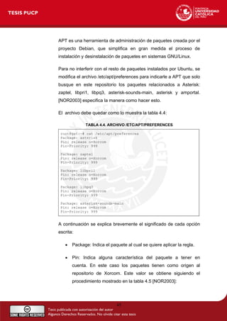 APT es una herramienta de administración de paquetes creada por el
proyecto Debian, que simplifica en gran medida el proceso de
instalación y desinstalación de paquetes en sistemas GNU/Linux.
Para no interferir con el resto de paquetes instalados por Ubuntu, se
modifica el archivo /etc/apt/preferences para indicarle a APT que solo
busque en este repositorio los paquetes relacionados a Asterisk:
zaptel, libpri1, libpq3, asterisk-sounds-main, asterisk y amportal.
[NOR2003] especifica la manera como hacer esto.
El archivo debe quedar como lo muestra la tabla 4.4:
TABLA 4.4. ARCHIVO /ETC/APT/PREFERENCES
root@gst:~# cat /etc/apt/preferences
Package: asterisk
Pin: release o=Xorcom
Pin-Priority: 999
Package: zaptel
Pin: release o=Xorcom
Pin-Priority: 999
Package: libpri1
Pin: release o=Xorcom
Pin-Priority: 999
Package: libpq3
Pin: release o=Xorcom
Pin-Priority: 999
Package: asterisk-sounds-main
Pin: release o=Xorcom
Pin-Priority: 999
A continuación se explica brevemente el significado de cada opción
escrita:
• Package: Indica el paquete al cual se quiere aplicar la regla.
• Pin: Indica alguna característica del paquete a tener en
cuenta. En este caso los paquetes tienen como origen al
repositorio de Xorcom. Este valor se obtiene siguiendo el
procedimiento mostrado en la tabla 4.5 [NOR2003]:
45
 