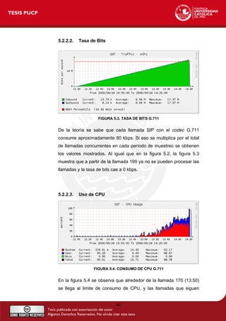 5.2.2.2. Tasa de Bits
FIGURA 5.3. TASA DE BITS G.711
De la teoría se sabe que cada llamada SIP con el codec G.711
consume aproximadamente 80 kbps. Si eso se multiplica por el total
de llamadas concurrentes en cada período de muestreo se obtienen
los valores mostrados. Al igual que en la figura 5.2, la figura 5.3
muestra que a partir de la llamada 199 ya no se pueden procesar las
llamadas y la tasa de bits cae a 0 kbps.
5.2.2.3. Uso de CPU
FIGURA 5.4. CONSUMO DE CPU G.711
En la figura 5.4 se observa que alrededor de la llamada 170 (13:50)
se llega al limite de consumo de CPU, y las llamadas que siguen
60
 