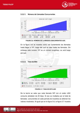 5.3.2.1. Número de Llamadas Concurrentes
FIGURA 5.6. NÚMERO DE LLAMADAS CONCURRENTES ILBC
En la figura 5.6 se muestra como van aumentando las llamadas
hasta llegar a 107, luego del cual se caen todas las llamadas. Sin
embargo este número 107 es un número engañoso, se verá luego
por qué.
5.3.2.2. Tasa de Bits
FIGURA 5.7. TASA DE BITS ILBC
De la teoría se sabe que cada llamada SIP con el codec iLBC
consume alrededor de 25 kbps. Si eso se multiplica por el total de
llamadas concurrentes en cada período de muestreo se obtienen los
valores mostrados. Al igual que en la figura 5.6, la figura 5.7 muestra
64
 