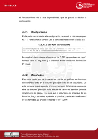 el funcionamiento de la alta disponibilidad, que se pasará a detallar a
continuación:
5.4.1. Configuración
En la parte concerniente a la configuración, se usará la misma que para
G.711. Para llamar al SIPp se usa el comando mostrado en la tabla 5.6:
TABLA 5.6. SIPP ALTA DISPONIBILIDAD
dquintana@git:~$ sipp -sn uac -d 15000000 -s 6000 -mp 10001 -i
200.37.45.51 -r 0.03333333333333333333333333 200.37.45.52
La principal diferencia con el comando de G.711 es que ahora se crea 1
llamada cada 30 segundos y la dirección IP del servidor es la dirección
IP virtual.
5.4.2. Resultados
Para esta parte solo se tomarán en cuenta las gráficas de llamadas
concurrentes tanto en el servidor principal como en el secundario. De
esta forma se puede apreciar el comportamiento del sistema en caso de
falla del servidor principal. Para simular la caída del servidor principal
simplemente se apaga, y se deja que el secundario se encargue de las
llamadas, luego se vuelve a prender el principal, y este retoma el control
de las llamadas. La prueba se realizó el 01/11/2006.
67
 