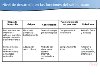 Nivel de desarrollo en las funciones del ser humano Relación a través de la comunicación, el lenguaje Comportamiento social Mediado por situaciones sociales, Internet, computadora, etc. Adquisición socio cultural Función mental superior – comunicación y actividades culturales Relación física y biológica Comportamiento involuntario Determinado por genes biológicos Heredado genética y biológicamente Función mentales inferiores – reflejos, instintos, comportamientos de sobrevivencia Relaciones Funcionamiento del proceso Construcción Origen Etapa de desarrollo 