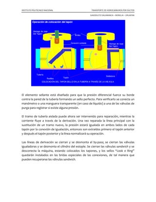 INSTITUTO POLITECNICO NACIONAL TRANSPORTE DE HIDROCARBUROS POR DUCTOS
GASODUCTO SALAMANCA – MORELIA – URUAPAN
Mientras se hace el injerto, se prepara la derivación. Las purgas se conectan después de
que ha sido conectada la máquina- herramienta de corte.
7.2.1 Seccionamiento del tramo.
Cuando todos los elementos están debidamente instalados considerando desde luego
que todas las válvulas están cerradas, la tubería continúa prácticamente trabajando sin
modificación en el flujo. En estas condiciones iniciamos nuestra maniobra.
1) Checamos nuestra presión y comprobamos que esta dentro del rango de
operación que previamente hemos programado.
2) Iniciamos el llenado de nuestra derivación principal. En el caso de utilizar
válvulas de tipo tajadera, el llenado deberá hacerse a través de la derivación
igualadora interna de las válvulas, abriéndolas con una llave de tipo allen y
soplando el aire a través de la válvula de purga. Cuando a través de ella
obtenemos producto de la línea principal, la cerramos y esperamos que las
presiones se igualen entre la línea principal y la tubería de la derivación. Si
estamos utilizando válvulas estándar, podemos abrir lentamente las
compuertas, permitiendo el flujo en la tubería hasta que igualadas las presiones
4
3
La tapping machine
hace el injerto en la
línea a través de la
Válvula sandwich
Se cierra la válvula
y se desmonta la
Máquina.
Se agrega la
tubería, se abre la
Válvula y entra en
servicio el by-pass.
By pass
derivación
Mientras se hace el injerto, se prepara la derivación. Las purgas se conectan después
de que ha sido conectada la máquina- herramienta de corte.
4
3
La tapping machine
hace el injerto en la
línea a través de la
Válvula sandwich
Se cierra la válvula
y se desmonta la
Máquina.
Se agrega la
tubería, se abre la
Válvula y entra en
servicio el by-pass.
By pass
derivación
Mientras se hace el injerto, se prepara la derivación. Las purgas se conectan después
de que ha sido conectada la máquina- herramienta de corte.
 