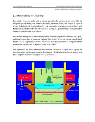 INSTITUTO POLITECNICO NACIONAL TRANSPORTE DE HIDROCARBUROS POR DUCTOS
GASODUCTO SALAMANCA – MORELIA – URUAPAN
las abrimos totalmente. A partir de este momento, la derivación principal ya
esta operando, posiblemente tenga muy poco flujo o tal vez ninguno, pero esta
conectado y listo para sustituir a la tubería principal.
3) En estas condiciones, en ambos operadores tenemos las tres válvulas de la
derivación igualadora cerradas.
En el obturador número 2 abrimos la válvula número 2 y la válvula de purga de la
cámara de alojamiento; muy lentamente iniciamos el llenado de la cámara de
alojamiento abriendo la válvula número 1 en forma muy lenta, hasta que salga el
producto por la válvula de purga, cerramos la válvula de purga y quedan
abiertas las válvulas 1 y 2, lo que nos esta indicando que la válvula de tajadera
tiene las presiones igualadas en ambos lados de la compuerta, por lo tanto la
abrimos lentamente; es conveniente contar el número de vueltas para abrir esta
válvula (para posteriormente confirmar su cierre) debe quedar completamente
abierta.
Inmediatamente nos pasamos al obturador número 1, hacemos las misma
maniobra hasta terminar con la válvula de tajadera abierta.
4) Bajado de los obturadores “stopples”.
Esta maniobra requiere para tener mayor seguridad tener personal en ambos
obturadores y que deben actuar a la orden de quien esta dirigiendo la maniobra.
Procederemos de la siguiente forma:
A) Iniciamos el bajado del obturador número 2, es decir el correspondiente a flujo
abajo, la maniobra de bajado debe ser lenta, considerando que la copa selladora
tiene que pasar a través del corte hecho con la máquina taladradora y sus
bordes son muy filosos y pueden dañar la copa, además estamos colocando un
obturador contrario al flujo, por lo tanto el mismo flujo opone resistencia a su
correcta colocación.
B) Una vez abajo el obturador número 2, lo sostenemos en su lugar impidiendo con
contrapresión que sea impulsado hacia arriba e iniciamos el bajado del
obturador número 1, hasta llegar al final, es decir darle toda la carrera necesaria.
C) Recordemos que las válvulas 1 y 2 de las derivaciones igualadoras de ambos
obturadores permanecen abiertas.
 
