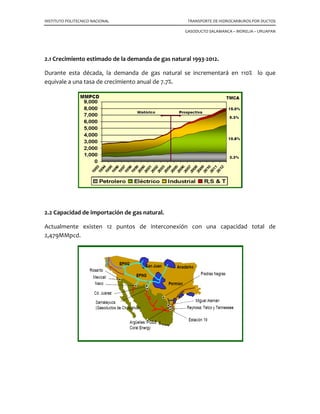 INSTITUTO POLITECNICO NACIONAL TRANSPORTE DE HIDROCARBUROS POR DUCTOS
GASODUCTO SALAMANCA – MORELIA – URUAPAN
2.1 Crecimiento estimado de la demanda de gas natural 1993-2012.
Durante esta década, la demanda de gas natural se incrementará en 110% lo que
equivale a una tasa de crecimiento anual de 7.7%.
2.2 Capacidad de importación de gas natural.
Actualmente existen 12 puntos de interconexión con una capacidad total de
2,479MMpcd.
 