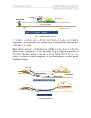 INSTITUTO POLITECNICO NACIONAL
El método a seleccionar está en función del diámetro y longitud de la tubería,
profundidad, características del suelo marino, condiciones ambientales, elevación de la
embarcación y el equipo.
Otros métodos se basan en la fabricación y soldado de la tuberí
posteriormente transportarla al sitio en tramos de gran longitud. El método de
Flotación y Remolcado puede hacerse con la lingada flotada al nivel del mar, o en
contacto con el lecho marino; este puede ser recorriendo grandes distancias
alejados de la costa.
LITECNICO NACIONAL TRANSPORTE DE HIDROCARBUROS POR DUCTOS
GASODUCTO SALAMANCA – MORELIA
Fig. 3. 5 Método de bobina o carrete
El método a seleccionar está en función del diámetro y longitud de la tubería,
profundidad, características del suelo marino, condiciones ambientales, elevación de la
Otros métodos se basan en la fabricación y soldado de la tubería en la costa, para
posteriormente transportarla al sitio en tramos de gran longitud. El método de
Flotación y Remolcado puede hacerse con la lingada flotada al nivel del mar, o en
contacto con el lecho marino; este puede ser recorriendo grandes distancias
Fig. 3.6 Diferentes métodos
TRANSPORTE DE HIDROCARBUROS POR DUCTOS
MORELIA – URUAPAN
El método a seleccionar está en función del diámetro y longitud de la tubería,
profundidad, características del suelo marino, condiciones ambientales, elevación de la
a en la costa, para
posteriormente transportarla al sitio en tramos de gran longitud. El método de
Flotación y Remolcado puede hacerse con la lingada flotada al nivel del mar, o en
contacto con el lecho marino; este puede ser recorriendo grandes distancias a sitios
 