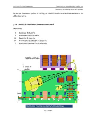 INSTITUTO POLITECNICO NACIONAL
las anclas, de manera que no se detenga el tendido sin afectar a las líneas existentes en
el fondo marino.
3.2.8 Tendido de tubería con barcaza convencional
Maniobras
I. Descarga de tubería.
II. Movimiento sobre chalán
III. Depósito de tubería.
IV. Movimiento a estación de biselado
V. Movimiento a estación de alineado
LITECNICO NACIONAL TRANSPORTE DE HIDROCARBUROS POR DUCTOS
GASODUCTO SALAMANCA – MORELIA
las anclas, de manera que no se detenga el tendido sin afectar a las líneas existentes en
Tendido de tubería con barcaza convencional.
Movimiento sobre chalán.
Movimiento a estación de biselado.
Movimiento a estación de alineado.
Fig3.7 Barcaza
TRANSPORTE DE HIDROCARBUROS POR DUCTOS
MORELIA – URUAPAN
las anclas, de manera que no se detenga el tendido sin afectar a las líneas existentes en
 