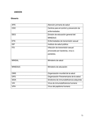 73
11 ANEXOS
Glosario
APS Atención primaria de salud
CDC Centros para el control y prevención de
enfermedades
DEG División de educación general del
MINEDUC
ETS Enfermedades de transmisión sexual
ISP Instituto de salud pública
ITS Infección de transmisión sexual
provocada por bacterias, virus o
parásitos.
MINSAL Ministerio de salud
MINEDUC Ministerio de educación
OMS Organización mundial de la salud
OPS Organización Panamericana de la salud
SIDA Síndrome de inmunodeficiencia adquirida
VIH Virus de inmunodeficiencia humana
VPH Virus del papiloma humano
 