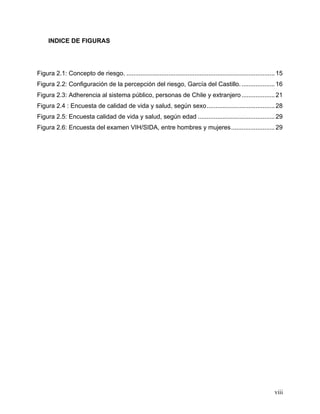 viii
INDICE DE FIGURAS
Figura 2.1: Concepto de riesgo. .....................................................................................15
Figura 2.2: Configuración de la percepción del riesgo, García del Castillo....................16
Figura 2.3: Adherencia al sistema público, personas de Chile y extranjero...................21
Figura 2.4 : Encuesta de calidad de vida y salud, según sexo.......................................28
Figura 2.5: Encuesta calidad de vida y salud, según edad ............................................29
Figura 2.6: Encuesta del examen VIH/SIDA, entre hombres y mujeres.........................29
 