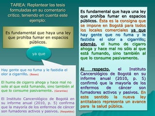 Es fundamental que haya una ley
que prohíba fumar en espacios
públicos.
ya que
Hay gente que no fuma y le fastidia el
olor a cigarrillo. (Bases)
El humo de cigarro ahoga y hace mal no
solo al que está fumando, sino también al
que lo consume pasivamente. (Garantías)
El Instituto Cancerológico de Bogotá en
su informe anual (2010, p. 5) confirma
que la mayoría de los enfermos de cáncer
son fumadores activos y pasivos. (Respaldos)
Es fundamental que haya una ley
que prohíba fumar en espacios
públicos. Ésta es la consigna que
se impone en Bogotá para todos
los locales comerciales ya que
hay gente que no fuma y le
fastidia el olor a cigarrillo;
además, el humo de cigarro
ahoga y hace mal no sólo al que
está fumando, sino también al
que lo consume pasivamente.
Al respecto, el Instituto
Cancerológico de Bogotá en su
informe anual (2010, p. 5)
confirmó que la mayoría de los
enfermos de cáncer son
fumadores activos y pasivos. En
este sentido la nueva ley
antitabaco representa un avance
para la salud pública.
TAREA: Replantear las tesis
formuladas en su comentario
crítico, teniendo en cuenta este
ejemplo:
 