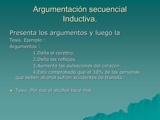 Argumentación secuencial
Inductiva.
Presenta los argumentos y luego la
Tesis. Ejemplo :
Argumentos :
1.Daña el cerebro.
2.Daña los reflejos.
3.Aumenta las pulsaciones del corazón.
4.Esta comprobado que el 10% de las personas
que beben alcohol sufren accidentes de transito.
 Tesis :Por eso el alcohol hace mal.
 