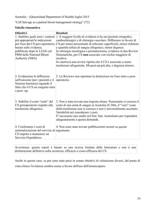 Australia – (Queensland Department of Health) luglio 2015
“Cell Salvage as a patient blood management strategy” (72)
Tabella riassuntiva
Obiettivi Risultati
1. Stabilire quali sono i contesti
più appropriati/le indicazioni
per l'uso del CS peri-operatorio,
basate sulle evidenze,
pubblicate dopo le LLGG sul
PBM della National Blood
Authority (NBA)
2. Evidenziare le differenze
nell'outcome (per i pazienti e il
Sistema Sanitario) riguardo il
fatto che il CS sia eseguito intra
o post -op.
3. Stabilire il costo “reale” del
CS perioperatorio rispetto alla
trasfusione allogenica
4. Confrontare i costi di
esternalizzazione del servizio di
CS rispetto a mantenere un
Servizio Ospedaliero.
1. Il maggior livello di evidenza si ha nei pazienti ortopedici,
cardiochirurgici e di chirurgia vascolare. Differenze in favore di
CS per minor percentuale di infezioni superficiali, minor richiesta
e quantità infusa di sangue allogenico, minor degenza.
In chirurgia oncologica e prostatectomia, evidenza in due Review
Sistematiche, per CS non associato con rischio maggiore di
recidiva.
In ostetricia una review riporta che il CS è associato a meno
trasfusioni allogeniche, Hb post-op più alta, e degenza minore.
2. Le Reviews non riportano la distinzione tra l'uso intra o post-
operatorio.
3. Non è stata trovata una risposta chiara. Nonostante si conosca il
costo di una unità di sangue in Australia ($ 346), il “vero” costo
della trasfusione non si conosce e non è universalmente accettato.
Variabilità nel considerare i costi.
E' necessario uno studio nel Sist. San. Australiano per rispondere
adeguatamente a questa domanda.
4. Non sono state trovate pubblicazioni recenti su questo
argomento.
Avvertenza: questo report è basato su una ricerca limitata della letteratura e non è una
dichiarazione definitiva sulla sicurezza, efficacia o costo-efficacia del CS.
Anche in questo caso, se pur sono state presi in esame obiettivi di valutazione diversi, dal punto di
vista clinico l'evidenza sembra essere a favore dell'uso dell'emorecupero.
19
 