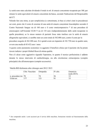 Le unità sono state calcolate dividendo il totale in ml. di emazie concentrate recuperate per 300, per
stimare le unità equivalenti di emazie concentrate da banca, secondo l'indicazione del Responsabile
del CT.
Volendo fare una stima, se pur semplicistica (e sottostimata, in base ai criteri citati in precedenza)
sui costi, posto che il costo di cessione di una unità di emazie concentrate leucodeplete secondo il
Centro Nazionale Sangue sia di 160 euro e il costo omnicomprensivo * di una procedura di
emorecupero nell'Azienda ULSS 9 sia di 110 euro (indipendentemente dalle unità recuperate in
quella procedura), se lo stesso numero di pazienti fosse stato trasfuso con le unità di emazie
allogeniche equivalenti, ci sarebbe stato un costo totale di 582.080 euro, contro il costo per le
procedure eseguite di 262.200 euro. Si è quindi avuto un risparmio di 341.730 euro in quattro anni,
ovvero una media di 85.432 euro / anno.
A questo conto puramente economico va aggiunto il beneficio clinico per il paziente che ha potuto
riavere indietro i propri Globuli Rossi di ottima qualità.
Non c'è alcun costo aggiuntivo riguardo l'operatore, in quanto il tecnico perfusionista è addetto
durante lo stesso intervento di cardiochirurgia, sia alla circolazione extracorporea (compito
principale) che all'emorecupero (compito accessorio).
Tabella RIO dichiarato altre chirurgie anni 2012/ 2015
Chir. Vascolare Ortopedia IV chir. Ostetricia
(solo 2015)
n. procedure tot. 70 74 36 13
Unità tot. 177 121 91 15
* che comprende anche i costi accessori per il service delle macchine, formazione iniziale sul funzionamento della
macchina.
23
 
