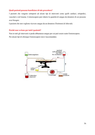 Quali pazienti possono beneficiare di tale procedura?
I pazienti che vengono sottoposti ad alcuni tipi di interventi come quelli cardiaci, ortopedici,
vascolari o nel trauma. L'emorecupero può ridurre la quantità di sangue da donatore di cui possono
aver bisogno.
I pazienti che non vogliono ricevere sangue da un donatore (Testimoni di Jehovah)
Perché non va bene per tutti i pazienti?
Non in tutti gli interventi si perde abbastanza sangue per cui può essere usato l'emorecupero.
Per alcuni tipi di chirurgia l'emorecupero non è raccomandato.
56
 