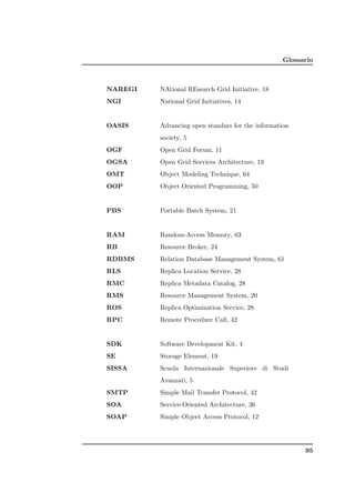 Glossario



NAREGI   NAtional REsearch Grid Initiative, 18
NGI      National Grid Initiatives, 14


OASIS    Advancing open standars for the information
         society, 5
OGF      Open Grid Forum, 11
OGSA     Open Grid Services Architecture, 13
OMT      Object Modeling Technique, 64
OOP      Object Oriented Programming, 50


PBS      Portable Batch System, 21


RAM      Random-Access Memory, 63
RB       Resource Broker, 24
RDBMS    Relation Database Management System, 61
RLS      Replica Location Service, 28
RMC      Replica Metadata Catalog, 28
RMS      Resource Management System, 20
ROS      Replica Optimization Service, 28
RPC      Remote Procedure Call, 42


SDK      Software Development Kit, 4
SE       Storage Element, 19
SISSA    Scuola Internazionale Superiore di Studi
         Avanzati, 5
SMTP     Simple Mail Transfer Protocol, 42
SOA      Service-Oriented Architecture, 36
SOAP     Simple Object Access Protocol, 12




                                                        95
 