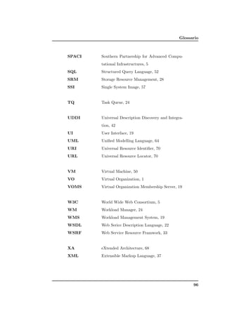 Glossario



SPACI   Southern Partnership for Advanced Compu-
        tational Infrastructures, 5
SQL     Structured Query Language, 52
SRM     Storage Resource Management, 28
SSI     Single System Image, 57


TQ      Task Queue, 24


UDDI    Universal Description Discovery and Integra-
        tion, 42
UI      User Interface, 19
UML     Uniﬁed Modelling Language, 64
URI     Universal Resource Identiﬁer, 70
URL     Universal Resource Locator, 70


VM      Virtual Machine, 50
VO      Virtual Organization, 1
VOMS    Virtual Organization Membership Server, 19


W3C     World Wide Web Consortium, 5
WM      Workload Manager, 24
WMS     Workload Management System, 19
WSDL    Web Serice Description Language, 22
WSRF    Web Service Resource Framwork, 33


XA      eXtended Architecture, 68
XML     Extensible Markup Language, 37




                                                        96
 