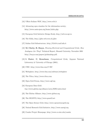 BIBLIOGRAFIA


[13] Uﬃcio Italiano W3C, http://www.w3c.it

[14] Advancing open standars for the information society:
   http://www.oasis-open.org/home/index.php

[15] European Grid Initiative Design Study, http://web.eu-egi.eu

[16] The Gilda, http://glite.web.cern.ch/glite

[17] Italian Grid Infrastructure, http://Grid-it.cnaf.infn.it

[18] M. Chetty, R. Buyya, Weaving Electrical and Computational Grids: How
   Analogous Are They? Technical Report, Monash University, Novembre 2001
   http://buyya.com/papers/gridanalogy.pdf.

[19] I. Foster, C. Kesselman, Computational Grids, Argonne National
   Laboratory  University of Chicago (2001).

[20] CISC, http://www.ibm.com/C ISC

[21] Websphere, http://www.ibm.com/software/websphere

[22] The Tibco, http://www.tibco.com

[23] Open Grid Forum, http://www.ogf.org

[24] European Data Grid:
   ttp://www.globus.org/alliance/news/EDG-index.html

[25] The Globus Alliance, http://www.globus.org

[26] The GEANT2, http://www.geant2.net

[27] The Open Science Grid, http://www.opensciencegrid.org

[28] Nationl Research Grid Initiative, http://www.naregi.org

[29] Condor Project Homepage, http://www.cs.wisc.edu/condor



                                                                          99
 