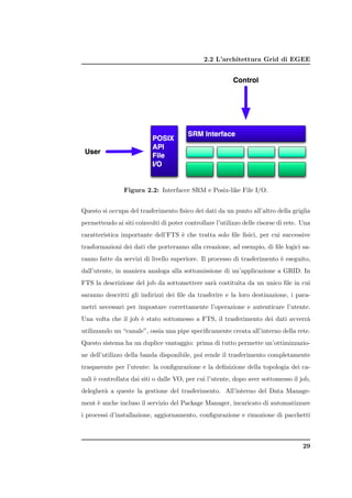 2.2 L’architettura Grid di EGEE




                Figura 2.2: Interfacce SRM e Posix-like File I/O.


Questo si occupa del trasferimento ﬁsico dei dati da un punto all’altro della griglia
permettendo ai siti coinvolti di poter controllare l’utilizzo delle risorse di rete. Una
caratteristica importante dell’FTS ` che tratta solo ﬁle ﬁsici, per cui successive
                                   e
trasformazioni dei dati che porteranno alla creazione, ad esempio, di ﬁle logici sa-
ranno fatte da servizi di livello superiore. Il processo di trasferimento ` eseguito,
                                                                          e
dall’utente, in maniera analoga alla sottomissione di un’applicazione a GRID. In
FTS la descrizione del job da sottomettere sar` costituita da un unico ﬁle in cui
                                              a
saranno descritti gli indirizzi dei ﬁle da trasferire e la loro destinazione, i para-
metri necessari per impostare correttamente l’operazione e autenticare l’utente.
Una volta che il job ` stato sottomesso a FTS, il trasferimento dei dati avverr`
                     e                                                         a
utilizzando un “canale”, ossia una pipe speciﬁcamente creata all’interno della rete.
Questo sistema ha un duplice vantaggio: prima di tutto permette un’ottimizzazio-
ne dell’utilizzo della banda disponibile, poi rende il trasferimento completamente
trasparente per l’utente: la conﬁgurazione e la deﬁnizione della topologia dei ca-
nali ` controllata dai siti o dalle VO, per cui l’utente, dopo aver sottomesso il job,
     e
delegher` a queste la gestione del trasferimento. All’interno del Data Manage-
        a
ment ` anche incluso il servizio del Package Manager, incaricato di automatizzare
     e
i processi d’installazione, aggiornamento, conﬁgurazione e rimozione di pacchetti



                                                                                     29
 