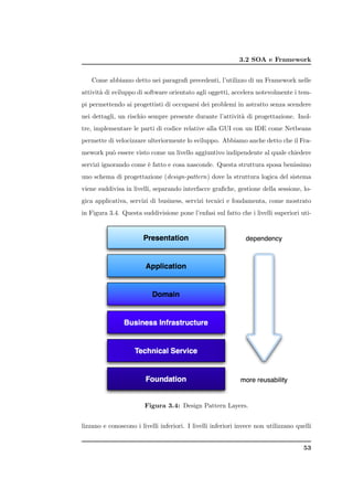 3.2 SOA e Framework


   Come abbiamo detto nei paragraﬁ precedenti, l’utilizzo di un Framework nelle
attivit` di sviluppo di software orientato agli oggetti, accelera notevolmente i tem-
       a
pi permettendo ai progettisti di occuparsi dei problemi in astratto senza scendere
nei dettagli, un rischio sempre presente durante l’attivit` di progettazione. Inol-
                                                          a
tre, implementare le parti di codice relative alla GUI con un IDE come Netbeans
permette di velocizzare ulteriormente lo sviluppo. Abbiamo anche detto che il Fra-
mework pu` essere visto come un livello aggiuntivo indipendente al quale chiedere
         o
servizi ignorando come ` fatto e cosa nasconde. Questa struttura sposa benissimo
                       e
uno schema di progettazione (design-pattern) dove la struttura logica del sistema
viene suddivisa in livelli, separando interfacce graﬁche, gestione della sessione, lo-
gica applicativa, servizi di business, servizi tecnici e fondamenta, come mostrato
in Figura 3.4. Questa suddivisione pone l’enfasi sul fatto che i livelli superiori uti-




                        Figura 3.4: Design Pattern Layers.


lizzano e conoscono i livelli inferiori. I livelli inferiori invece non utilizzano quelli


                                                                                      53
 