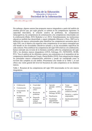 TESI, 14(1), 2013, pp. 4-262



Sin embargo, algunos autores han propuesto marcos integradores a partir del análisis de
estudios previos que, por regla general, se centran en las competencias siguientes: la
capacidad innovadora, la solución creativa de problemas, las competencias
metacognitivas, las competencias de comunicación y las competencias relacionadas con
la colaboración (Dede, 2010; Redecker et al, 2011). Simultáneamente, las instituciones
educativas también han desarrollado y siguen trabajando (Monereo y Pozo, 2007) en la
definición de marcos estructurados para identificar las competencias necesarias para el
siglo XXI, con el objetivo de organizar estas competencias en un marco conceptual que
esté basado en las necesidades educativas actuales y en las necesidades específicas de
cada contexto. Para establecer las competencias del siglo XXI relativas a la colaboración,
hemos realizado una revisión de la literatura científica sobre las competencias del siglo
XXI y los distintos marcos integradores (ATCS, EnGauge, EU, NETS/ISTE, OCDE,
P21). Tras el análisis de los diferentes marcos, nos centraremos en el metanálisis de las
competencias identificadas por Voogt y Pareja Roblin (2010). Esta categorización integra
los principales marcos competenciales anteriores y puede ser considerada como la
revisión más completa en este ámbito. Presentamos este listado en la Tabla 1, el cual
ofrece una visión general del nivel de frecuencia de cada competencia en los distintos
marcos.
Tabla 1. Resumen de las competencias del siglo XXI mencionadas en los seis marcos
integradores

 Mencionadas en todos     Mencionadas en la          Mencionadas         en   Mencionadas sólo en
 los marcos               mayoría    de   los        pocos marcos             uno de los marcos
                          marcos (p. ej. P21,
                          EnGauge, ATCS y
                          NETS/ISTE)

    Colaboración              Creatividad             Aprender      a         Tomar        riesgos
                                                         aprender (ATCS,          (EnGauge)
    Comunicación              Pensamiento              EU)
                                crítico                                          Resolución      de
    Conocimiento de                                    Autonomía (P21,          conflictos (OCDE)
     las TIC                   Resolución      de       EnGauge, OCDE)
                                problemas                                        Iniciativa y espíritu
    Competencias                                       Planificación            emprendedor.
     sociales     y/o          Desarrollo      de
     culturales,                productos       de      Flexibilidad   y        Interdisciplinariedad
     ciudadanía                 calidad/                 adaptabilidad            (P21)
                                productividad            (P21, EnGauge)




     126
 