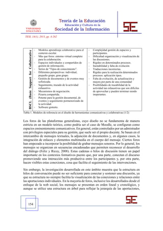 TESI, 14(1), 2013, pp. 4-262



                                -            Modelos aprendizaje colaborativo para el   -   Complejidad gestión de espacios y
     BSCL (Basic Support for Collaborative




                                             contexto escolar.                              participantes.
                                -            Más que foros: entorno virtual completo   -   Dificultad organización y visualización de
                                             para la colaboración.                         las discusiones.
                                -            Espacios individuales y compartidos de     -   Rigidez en determinados procesos.
                                             gestión de información.                  -   Inestabilidad y falta de evolución
                                -            Series de “Tipos de conocimiento”.         -   Traducciones incorrectas.
                                -            Diferentes perspectivas: individual,       -   Rigidez para la realización determinados
                                             pequeño grupo, gran grupo.                    procesos: aplicación tipos.
                                -            Gestión de documentos y de eventos muy    -   Falta de evolución, de actualización y
                                             sofisticada.                                   mejora por parte de una comunidad
                                -            Seguimiento, trazado de la actividad       -   Posibilidades de trazabilidad de la
                                             exhaustivo.                                    actividad tan exhaustivas que son difíciles
                                -            Mecanismos de negociación.                    de aprovechar y pueden terminar siendo
                                -            Pizarra compartida.                            inoperantes.
                                             Potente para la gestión documental, de
     Learning)




                                -
                                             eventos y seguimiento pormenorizado de
                                             la actividad.
                                -            Software gratuito.
Tabla 1. Modelos de referencia en el diseño de herramientas comunicativas y colaborativas (1/2)


Los foros de las plataformas generalistas, cuyo diseño no se fundamenta de manera
estricta en un modelo teórico, como podría ser el caso de Moodle, se configuran como
espacios eminentemente comunicativos. En general, están controlados por un admistrador
con privilegios especiales para su gestión, que suele ser el propio docente. Se basan en el
intercambio de mensajes textuales, la adjunción de documentos y, en algunos casos, la
integración de enlaces y elementos multimedia en el cuerpo del mensaje. Ciertos foros
han empezado a incorporar la posibilidad de grabar mensajes sonoros. Por lo general, los
mensajes se organizan en secuencias encadenadas que permiten reconocer el desarrollo
del diálogo (Feliz y Ricoy, 2008). Estas cadenas o hilos de discusión tienen un papel
importante en los contextos formativos puesto que, por una parte, conectan el discurso
promoviendo una interacción más productiva entre los participantes y, por otra parte,
hacen visibles estas conexiones, cosa que facilita el seguimiento de las intervenciones.

Sin embargo, la investigación desarrollada en este ámbito muestra que la estructura en
hilos de conversación puede no ser suficiente para conectar y sostener una discusión, ya
que su estructura no siempre facilita la visualización de las conexiones y relaciones entre
las aportaciones individuales. En la mayoría de foros, inclusive los desarrollados desde el
enfoque de la web social, los mensajes se presentan en orden lineal y cronológico, y
aunque se utilice una estructura en árbol para reflejar la jerarquía de las aportaciones,



    154
 