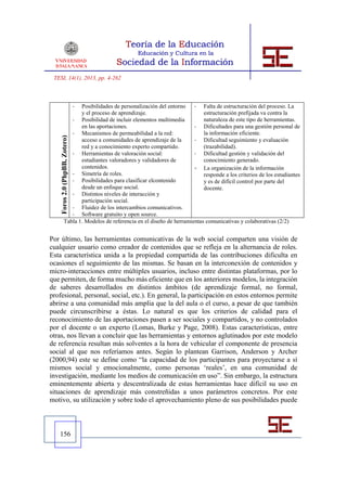 TESI, 14(1), 2013, pp. 4-262



                   Posibilidades de personalización del entorno
                                -                                  - Falta de estructuración del proceso. La
                   y el proceso de aprendizaje.                        estructuración prefijada va contra la
               - Posibilidad de incluir elementos multimedia           naturaleza de este tipo de herramientas.
                   en las aportaciones.                            - Dificultades para una gestión personal de
               - Mecanismos de permeabilidad a la red:                 la información eficiente.
    Foros 2.0 (PhpBB, Zotero)




                   acceso a comunidades de aprendizaje de la       - Dificultad seguimiento y evaluación
                   red y a conocimiento experto compartido.            (trazabilidad).
               - Herramientas de valoración social:               - Dificultad gestión y validación del
                   estudiantes valoradores y validadores de            conocimiento generado.
                   contenidos.                                     - La organización de la información
               - Simetría de roles.                                    responde a los criterios de los estudiantes
               - Posibilidades para clasificar elcontenido             y es de difícil control por parte del
                   desde un enfoque social.                            docente.
               - Distintos niveles de interacción y
                   participación social.
               - Fluidez de los intercambios comunicativos.
               - Software gratuito y open source.
            Tabla 1. Modelos de referencia en el diseño de herramientas comunicativas y colaborativas (2/2)


Por último, las herramientas comunicativas de la web social comparten una visión de
cualquier usuario como creador de contenidos que se refleja en la alternancia de roles.
Esta característica unida a la propiedad compartida de las contribuciones dificulta en
ocasiones el seguimiento de las mismas. Se basan en la interconexión de contenidos y
micro-interacciones entre múltiples usuarios, incluso entre distintas plataformas, por lo
que permiten, de forma mucho más eficiente que en los anteriores modelos, la integración
de saberes desarrollados en distintos ámbitos (de aprendizaje formal, no formal,
profesional, personal, social, etc.). En general, la participación en estos entornos permite
abrirse a una comunidad más amplia que la del aula o el curso, a pesar de que también
puede circunscribirse a éstas. Lo natural es que los criterios de calidad para el
reconocimiento de las aportaciones pasen a ser sociales y compartidos, y no controlados
por el docente o un experto (Lomas, Burke y Page, 2008). Estas características, entre
otras, nos llevan a concluir que las herramientas y entornos aglutinados por este modelo
de referencia resultan más solventes a la hora de vehicular el componente de presencia
social al que nos referíamos antes. Según lo plantean Garrison, Anderson y Archer
(2000,94) este se define como “la capacidad de los participantes para proyectarse a sí
mismos social y emocionalmente, como personas ‘reales’, en una comunidad de
investigación, mediante los medios de comunicación en uso”. Sin embargo, la estructura
eminentemente abierta y descentralizada de estas herramientas hace difícil su uso en
situaciones de aprendizaje más constreñidas a unos parámetros concretos. Por este
motivo, su utilización y sobre todo el aprovechamiento pleno de sus posibilidades puede



   156
 