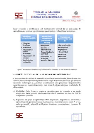 TESI, 14(1), 2013, pp. 4-262




hacer necesaria la modificación del planteamiento habitual de las actividades de
aprendizaje, así como de los sistemas de seguimiento y evaluación de las mismas.




    Figura 2. Resumen de características y funcionalidades relevantes en cada modelo de referencia


4.- DISEÑO FUNCIONAL DE LA HERRAMIENTA eKNOWLEDGE

Como resultado del análisis de los modelos de referencia mencionados, identificamos una
serie de prestaciones relevantes para favorecer el tipo de procesos deseados, que aparecen
resumidas en la Figura 2. Añadimos a continuación unos principios o requerimientos
generales que nos parecen importantes para situar el enfoque adoptado en el diseño de
eKnowledge:

a) Usabilidad: Debe favorecer procesos complejos pero sin renunciar a su propia
   simplicidad. Debe permitir una interacción natural, mediante una interfaz fácil de
   comprender y de usar.

b) Capacidad de apoyo al aprendizaje: Debe responder a requisitos de enseñanza y
   aprendizaje más que a intereses de investigación, o mero intercambio social. A la vez,
   debe ser versátil y adaptable a diferentes situaciones comunicativas y contextos de
   aprendizaje.




                                                                                             157
 