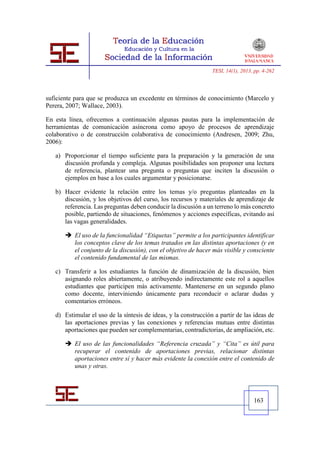 TESI, 14(1), 2013, pp. 4-262




suficiente para que se produzca un excedente en términos de conocimiento (Marcelo y
Perera, 2007; Wallace, 2003).

En esta línea, ofrecemos a continuación algunas pautas para la implementación de
herramientas de comunicación asíncrona como apoyo de procesos de aprendizaje
colaborativo o de construcción colaborativa de conocimiento (Andresen, 2009; Zhu,
2006):

   a) Proporcionar el tiempo suficiente para la preparación y la generación de una
      discusión profunda y compleja. Algunas posibilidades son proponer una lectura
      de referencia, plantear una pregunta o preguntas que inciten la discusión o
      ejemplos en base a los cuales argumentar y posicionarse.

   b) Hacer evidente la relación entre los temas y/o preguntas planteadas en la
      discusión, y los objetivos del curso, los recursos y materiales de aprendizaje de
      referencia. Las preguntas deben conducir la discusión a un terreno lo más concreto
      posible, partiendo de situaciones, fenómenos y acciones específicas, evitando así
      las vagas generalidades.

        El uso de la funcionalidad “Etiquetas” permite a los participantes identificar
         los conceptos clave de los temas tratados en las distintas aportaciones (y en
         el conjunto de la discusión), con el objetivo de hacer más visible y consciente
         el contenido fundamental de las mismas.

   c) Transferir a los estudiantes la función de dinamización de la discusión, bien
      asignando roles abiertamente, o atribuyendo indirectamente este rol a aquellos
      estudiantes que participen más activamente. Mantenerse en un segundo plano
      como docente, interviniendo únicamente para reconducir o aclarar dudas y
      comentarios erróneos.

   d) Estimular el uso de la síntesis de ideas, y la construcción a partir de las ideas de
      las aportaciones previas y las conexiones y referencias mutuas entre distintas
      aportaciones que pueden ser complementarias, contradictorias, de ampliación, etc.

        El uso de las funcionalidades “Referencia cruzada” y “Cita” es útil para
         recuperar el contenido de aportaciones previas, relacionar distintas
         aportaciones entre sí y hacer más evidente la conexión entre el contenido de
         unas y otras.




                                                                                   163
 