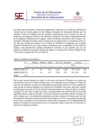 TESI, 14(1), 2013, pp. 4-262




Los datos que presentamos reflejan las puntuaciones obtenidas en el índice de similitud de
Turnitin por los cuatro grupos en dos trabajos entregados en momentos distintos por los
alumnos. Todos los trabajos eran de similares características (eran estudios de caso de
empresas y su longitud no debía ir más allá de las 4 páginas). Por lo que, independientemente
de la asignatura, hablaremos de 4 grupos. Todos los alumnos hicieron las dos entregas. Los
resultados obtenidos muestran como la mayoría de las puntuaciones se encuentran entre 0 y
20. Hay que resaltar que obtener 0 en el índice de similitud es complicado por la propia
dinámica del algoritmo, por lo que aunque consideramos que es importante revisar todos los
trabajos, estas puntuaciones pueden considerarse normales, lo que significa que en esos
trabajos no deberían encontrarse indicios de plagio. La media para el primer trabajo fue de
7,54 y para el segundo de 5,83 (ver Tabla 2).


Tabla 2: Estadísticos descriptivos
              N          Mínimo      Máximo Media        Desv. típ. Asimetría      Curtosis
                                                                             Error
          EstadísticoEstadísticoEstadísticoEstadísticoEstadístico EstadísticotípicoEstadísticoError típico
SIMILITUD1179        0          45         7,54       6,125      3,554       ,182 17,917      ,361
SIMILITUD2179            1           18       5,83       3,270     ,702         ,182 ,426          ,361
Total     179

Por lo tanto nuestra atención se centró en los casos con más de 20 puntos en el índice de
similitud que fueron en el primer trabajo seis y en el segundo cero (ver Figura 1). Todos los
casos en esa situación, excepto uno, presentaban un porcentaje inferior al 3% de similitud en
cada una de las fuentes señaladas en el informe de veracidad. Esto quiere decir que Turnitin
no pudo apreciar más de un 3% de similitud entre documentos en su base de datos y el trabajo
entregado. El alto valor se debía, por tanto, a muchas fuentes de similitud, pero con un baja
significatividad en cada una de ellas a la hora de explicar los posibles indicios de plagio. El
único trabajo que sí fue penalizado presentaba un escaso número de fuentes, pero un alto
porcentaje de similitud en cada una de ellas, hasta llegar a ese 45%. La penalización aplicada
en este caso, y recogida en las normas de evaluación de la asignatura, era la obligatoriedad de
realizar el examen en convocatoria oficial, no pudiendo seguir a partir de ese momento el
alumno la evaluación continua.




                                                                                      179
 