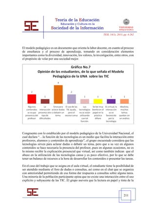 TESI, 14(1), 2013, pp. 4-262




El modelo pedagógico es un documento que orienta la labor docente, en cuanto al proceso
de enseñanza y el proceso de aprendizaje, tomando en consideración elementos
importantes como la diversidad, innovación, los valores, la investigación, entre otros, con
el propósito de velar por una sociedad mejor.




Congruente con lo establecido por el modelo pedagógico de la Universidad Nacional, el
cual declara “…la función de las tecnologías es un medio que facilita la interacción entre
profesores, alumnos y contenidos de aprendizaje”, el grupo encuestado considera que las
tecnologías sirven para aclarar dudas o debatir un tema, pero que a su vez en algunos
contenidos se hace necesaria la presencia del profesor, pues en algunas ocasiones, no es
lo mismo recibir la explicación presencial que virtual, así como también indican que el
abuso en la utilización de las tecnologías cansa y es poco efectivo, por lo que se debe
tener un balance de recursos a la hora de desarrollar los contenidos o presentar las tareas.

En el caso del trabajo que se asigna en el aula virtual, el estudiante tiene la posibilidad de
ser atendido mediante el foro de dudas o consultas, así como en el chat que se organiza
con anterioridad permitiendo de esa forma dar respuesta a consultas sobre alguna tarea.
Una minoría de la población participante opina que no existe una interacción entre el uso
explícito y subyacente de las TIC. El grupo asevera que la lectura en papel y tinta de la



                                                                                      211
 