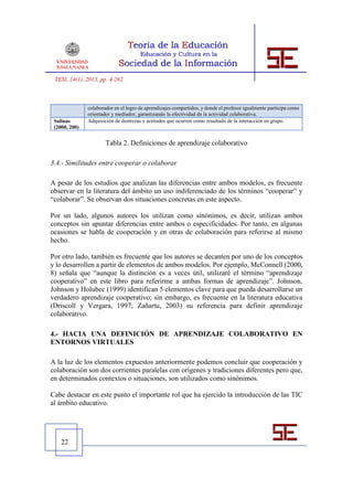 TESI, 14(1), 2013, pp. 4-262



               colaborador en el logro de aprendizajes compartidos, y donde el profesor igualmente participa como
               orientador y mediador, garantizando la efectividad de la actividad colaborativa.
 Salinas       Adquisición de destrezas y actitudes que ocurren como resultado de la interacción en grupo.
 (2000, 200)


                       Tabla 2. Definiciones de aprendizaje colaborativo

3.4.- Similitudes entre cooperar o colaborar

A pesar de los estudios que analizan las diferencias entre ambos modelos, es frecuente
observar en la literatura del ámbito un uso indiferenciado de los términos “cooperar” y
“colaborar”. Se observan dos situaciones concretas en este aspecto.

Por un lado, algunos autores los utilizan como sinónimos, es decir, utilizan ambos
conceptos sin apuntar diferencias entre ambos o especificidades. Por tanto, en algunas
ocasiones se habla de cooperación y en otras de colaboración para referirse al mismo
hecho.

Por otro lado, también es frecuente que los autores se decanten por uno de los conceptos
y lo desarrollen a partir de elementos de ambos modelos. Por ejemplo, McConnell (2000,
8) señala que “aunque la distinción es a veces útil, utilizaré el término “aprendizaje
cooperativo” en este libro para referirme a ambas formas de aprendizaje”. Johnson,
Johnson y Holubec (1999) identifican 5 elementos clave para que pueda desarrollarse un
verdadero aprendizaje cooperativo; sin embargo, es frecuente en la literatura educativa
(Driscoll y Vergara, 1997; Zañartu, 2003) su referencia para definir aprendizaje
colaborativo.

4.- HACIA UNA DEFINICIÓN DE APRENDIZAJE COLABORATIVO EN
ENTORNOS VIRTUALES

A la luz de los elementos expuestos anteriormente podemos concluir que cooperación y
colaboración son dos corrientes paralelas con orígenes y tradiciones diferentes pero que,
en determinados contextos o situaciones, son utilizados como sinónimos.

Cabe destacar en este punto el importante rol que ha ejercido la introducción de las TIC
al ámbito educativo.




    22
 