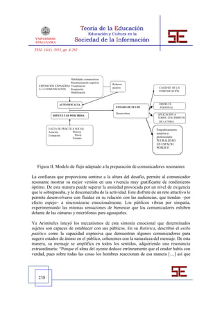 TESI, 14(1), 2013, pp. 4-262




                         Habilidades comunicativas
                         Reestructuración cognitiva
                                                      Refuerzo
    EXPOSICIÓN EXPANDIDA Visualización
                                                      positivo              CALIDAD DE LA
    A LA COMUNICACIÓN    Respiración
                                                                            COMUNICACIÓN
                         Modelización



                   AUTO EFICACIA                                            DISFRUTE
                                                         ESTADO DE FLUJO    PERSONAL

                                                         Desenvoltura      APLICACIÓN A
              DIFICULTAD PERCIBIDA
                                                                           TODOS LOS ÁMBITOS
                                                                            DE LA VIDA

           FALTA DE PRÁCTICA SOCIAL                                        Empoderamiento
           Atención        Historia
                             Previa
                                                                           usuarios y
           Evaluación
                           Formato                                         profesionales
                                                                           PLURALIDAD
                                                                           EN ESPACIO
                                                                           PÚBLICO




   Figura II. Modelo de flujo adaptado a la preparación de comunicadores resonantes

La confianza que proporciona sentirse a la altura del desafío, permite al comunicador
resonante mostrar su mejor versión en una vivencia muy gratificante de rendimiento
óptimo. De esta manera puede superar la ansiedad provocada por un nivel de exigencia
que le sobrepasaba, y le desconectaba de la actividad. Este disfrute de un reto atractivo le
permite desenvolverse con fluidez en su relación con las audiencias, que tienden –por
efecto espejo– a sincronizarse emocionalmente. Los públicos vibran por simpatía,
experimentando las mismas sensaciones de bienestar que los comunicadores exhiben
delante de las cámaras y micrófonos para agasajarles.

Ya Aristóteles intuyó los mecanismos de esta sintonía emocional que determinados
sujetos son capaces de establecer con sus públicos. En su Retórica, describió el estilo
patético como la capacidad expresiva que demuestran algunos comunicadores para
sugerir estados de ánimo en el público, coherentes con la naturaleza del mensaje. De esta
manera, su mensaje se amplifica en todos los sentidos, adquiriendo una resonancia
extraordinaria: “Porque el alma del oyente deduce erróneamente que el orador habla con
verdad, pues sobre todas las cosas los hombres reaccionan de esa manera […] así que




   238
 