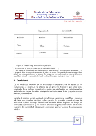 TESI, 14(1), 2013, pp. 4-262




                                     Exposición Sí                      Exposición No


     Escenario                        Familiar                            Desconocido



     Tarea                             Clara                              Confusa


                                      Amistoso
    Público                                                              Extraño




    Figura IV Exposición y Autoconfianza percibida
- He visualizado un plató vacío en el que me sentía muy cómoda […]
- Cada semana he ido sintiendo más confianza con la gente de clase, y la vergüenza iba menguando […]
- No quería dejar sin valorar la aportación de todos a la mejora. No se puede decir que a nadie le haya
faltado una palabra de aliento o un aplauso. Eso aunque sea a pequeña escala, es esencial. El sentirse
respaldado, animado y reconocido, ha creado el clima idóneo para que la gente mejore […].

4. - Conclusiones

De los resultados obtenidos en las mediciones de encuestas y en los relatos de los
participantes se desprende la eficacia de un proyecto formativo que actúa como
catalizador de su biología comunicativa. Junto a su satisfacción, los participantes han
reclamado una mayor duración, subrayando las limitaciones de un programa docente
optativo y cuatrimestral.

La falta de práctica social, acentuada por el temor a exponerse en público –mayor en
televisión que en radio- interfiere en la expresión del potencial comunicativo de los
individuos. Nuestra estrategia formativa es novedosa porque prepara a un tiempo sus
habilidades comunicativas y sus recursos emocionales para desenvolverse en el nuevo
escenario de proximidad, básicamente emocional, que hoy domina la comunicación
pública.




                                                                                             243
 