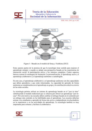 TESI, 14(1), 2013, pp. 4-262




                                    Integración                           Desarrollo
                                    tecnológica                           profesional
                                                         Enseñanza




                                                         Inves gación
            Transformacional                                                                                Acceso y
                                       Innovación                          Colaboración                   herramientas
                          Liderazgo para                                                Infraestructura
                             el cambio               Estudiante                           tecnológica
            Distribuida
                                           Pensamiento                  Alfabe zación                         Apoyo
                                              crí co                     tecnológica                        tecnológico
                                                          Ciudadania
                                                            digital



                                                         Apoyo de la
                                                         comunidad
                                       Implicación                      Implicación
                                         familiar                       comunidad




               Figura 1: Basado en el modelo de Sinay y Yashkina (2012)

Estos autores parten de la premisa de que la tecnología tiene sentido para mejorar el
aprendizaje siempre y cuando se adopte una perspectiva basada en las experiencias de
interacción social, la participación activa y los entornos complejos. Cuatro aspectos
básicos centran la estrategias de formación: la personalización, el aprendizaje activo, el
aprendizaje colaborativo y el aprendizaje autónomo o autodirigido.

En este caso, el aprendizaje colaborativo y el aprendizaje autónomo son dos capacidades
que deben aprenderse y que están relacionadas. La capacidad de aprender de forma
autónoma se complementa con el aprendizaje en grupo y la contribución colectiva a través
de las redes sociales.

La tecnología permite utilizar un sistema de aprendizaje basado en el “just in time”
substituyendo el modelo tradicional que se esfuerza por ofrecer un aprendizaje "just-in-
case"- Por este motivo, las escuelas deben cambiar el enfoque basado en el contenido por
un enfoque más centrado en las habilidades para el aprendizaje. Las escuelas deberían
animar a los estudiantes a aprender de forma más activa e independiente involucrándolos
en la experiencia y en las actividades de aprendizaje. La tecnología también es muy
importante para sostener y facilitar el colaborativo.




                                                                                                                          5
 