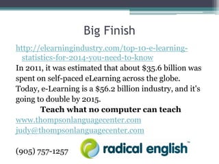 Big Finish 
http://elearningindustry.com/top-10-e-learning-statistics- 
for-2014-you-need-to-know 
In 2011, it was estimated that about $35.6 billion was 
spent on self-paced eLearning across the globe. 
Today, e-Learning is a $56.2 billion industry, and it's 
going to double by 2015. 
Teach what no computer can teach 
www.thompsonlanguagecenter.com 
judy@thompsonlanguagecenter.com 
(905) 757-1257 
