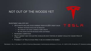 NOT OUT OF THE WOODS YET
INVESTMENT ANALYSTS SAY
• 2013 PROFITS INCLUDE STOCK WARRANT PROFITS & ZEV CREDIT SALES
• WARRANT REVENUES WOULD NOT BE REPEATED
• NO FORECAST FOR YEARLY DEMAND OF ZEV CREDITS
• NO ONE KNOWS WHETHER REVENUES WERE SUSTAINABLE
• INCREASING COMPETITION
• WHAT’S MARKET SIZE FOR ELECTRIC VEHICLES & WHAT PORTION OF MARKET WOULD PAY HIGHER PRICE OF
A TESLA?
• POSSIBILITY OF TESLA’S STOCK PRICE TO BE AN OVERINFLATED BUBBLE
REFERENCE : HILL, C. & JONES, G. (2013). STRATEGIC MANAGEMENT: AN INTEGRATED APPROACH (11TH ED., PP. C-201-C-210). STAMFORD, CT: CENGAGE LEARNING
 
