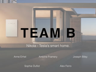TEAM B
Nikola - Tesla’s smart home.
Anne Erhel
Sophie Duﬂot
Antoine Framery Joseph Biley
Alex Ferro
 