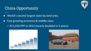 China Opportunity
● World’s second largest state by land area.
● Fast growing economy & middle class.
– $11,016 PPP in 2012 (nearly doubled in 5 years)
 