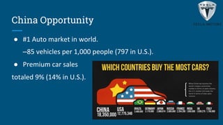 China Opportunity
● #1 Auto market in world.
–85 vehicles per 1,000 people (797 in U.S.).
● Premium car sales
totaled 9% (14% in U.S.).
 